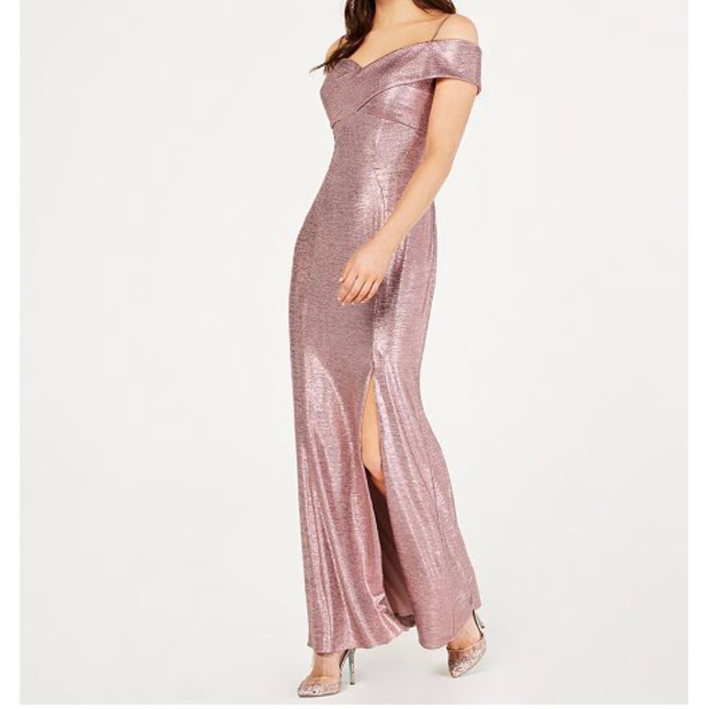 Rosé Cold-Shoulder Foil Gown Formal Dress Sz.10